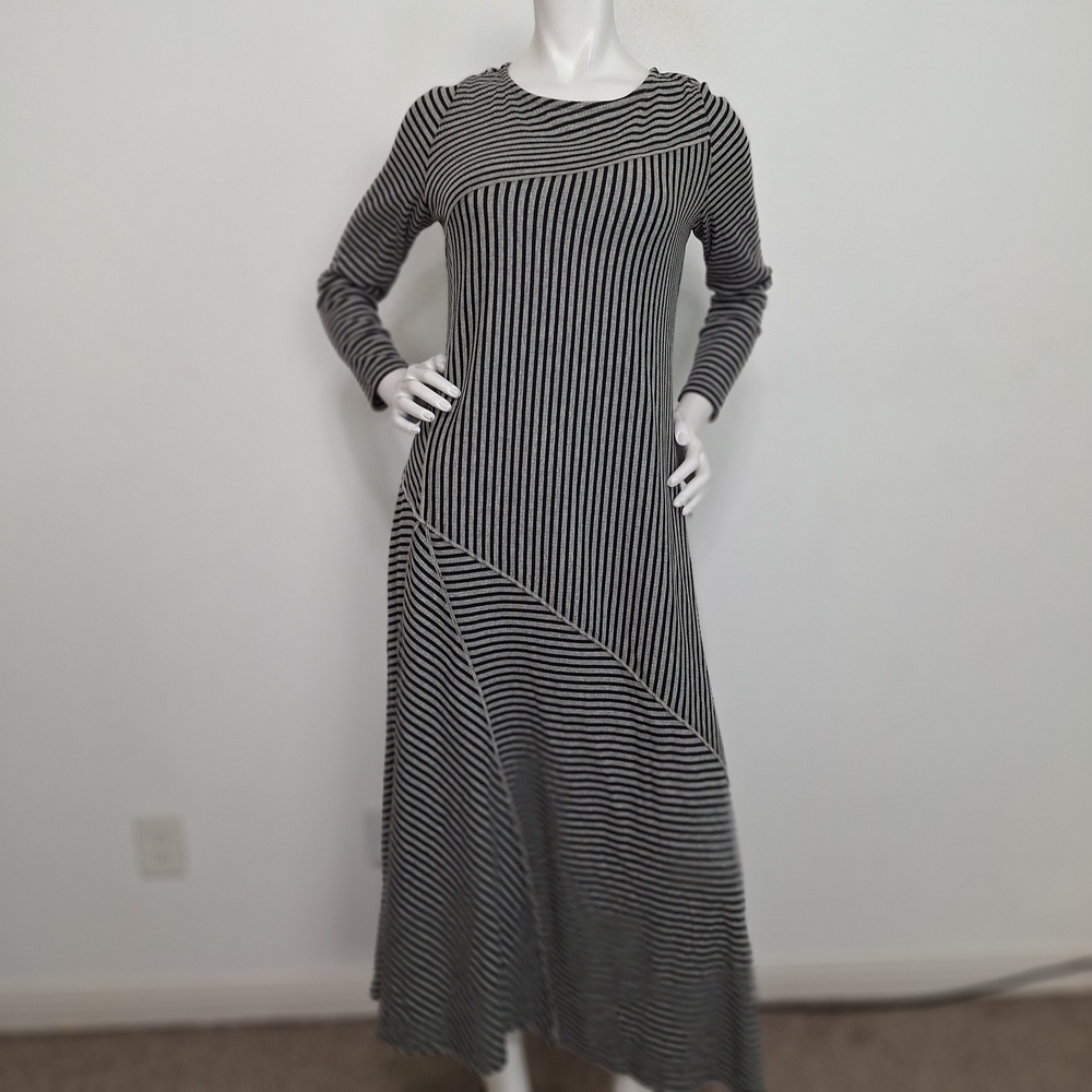 Soft Surroundings Contemporary Modern Black Gray Striped Maxi Dress Sz. Petite S